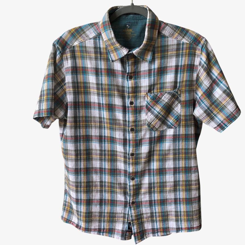 KUHL Shirt Mens Large Slim Fit Seersucker Plaid Short Sleeve Button Up‎ Outdoor
